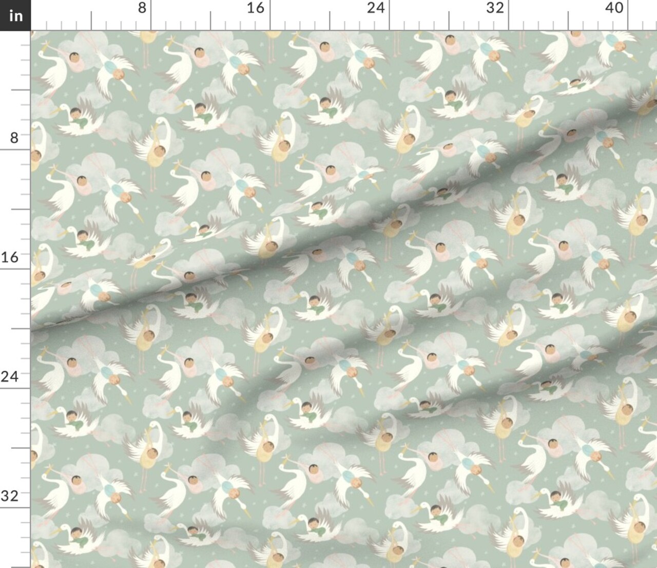 Stork And Baby Sage Green Baby Nursery Pastel Whimsical Cute Toddler Kid Custom Printed Fabric by Spoonflower Various Fabrics by the Yard or Fat Quarter